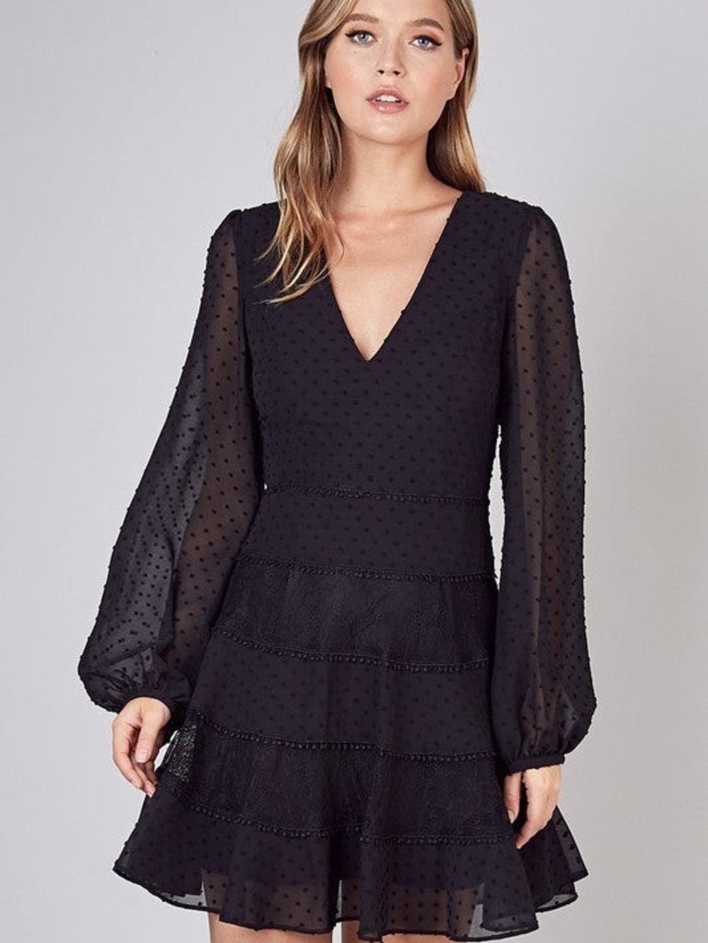 DO+BE Black Long Sleeve V-Neck Swiss Dot Fit-and-Flare Dress